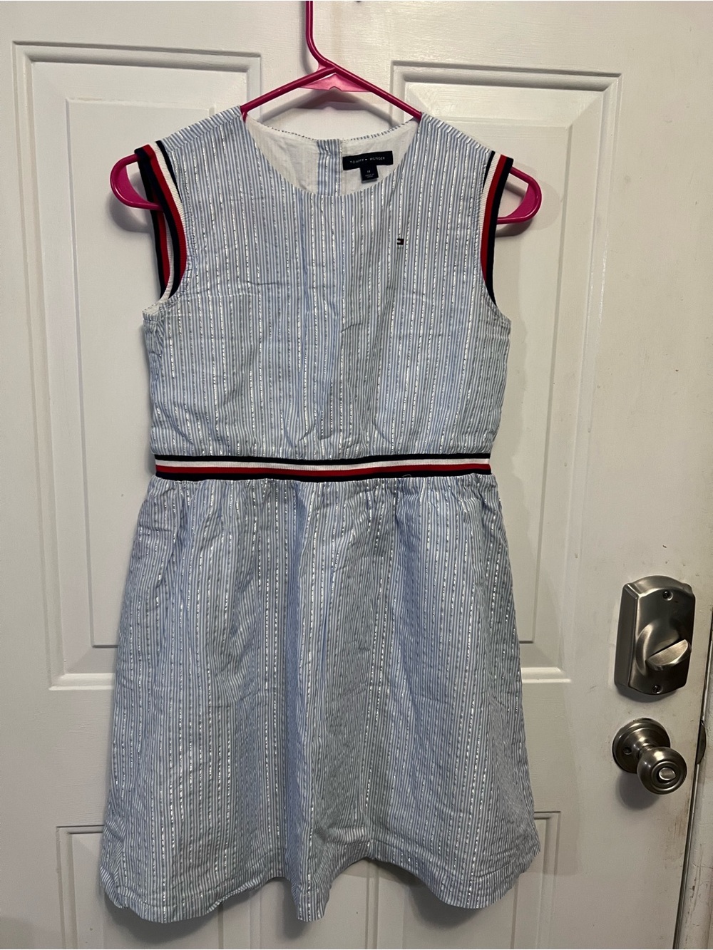 Tommy Hilfiger Girls Size 14 Blue White Striped Metallic Dress Preppy